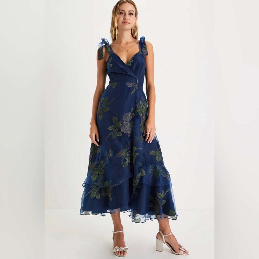 Precious Outlook Navy Blue Floral Tie-Strap Tiered Midi Dress
